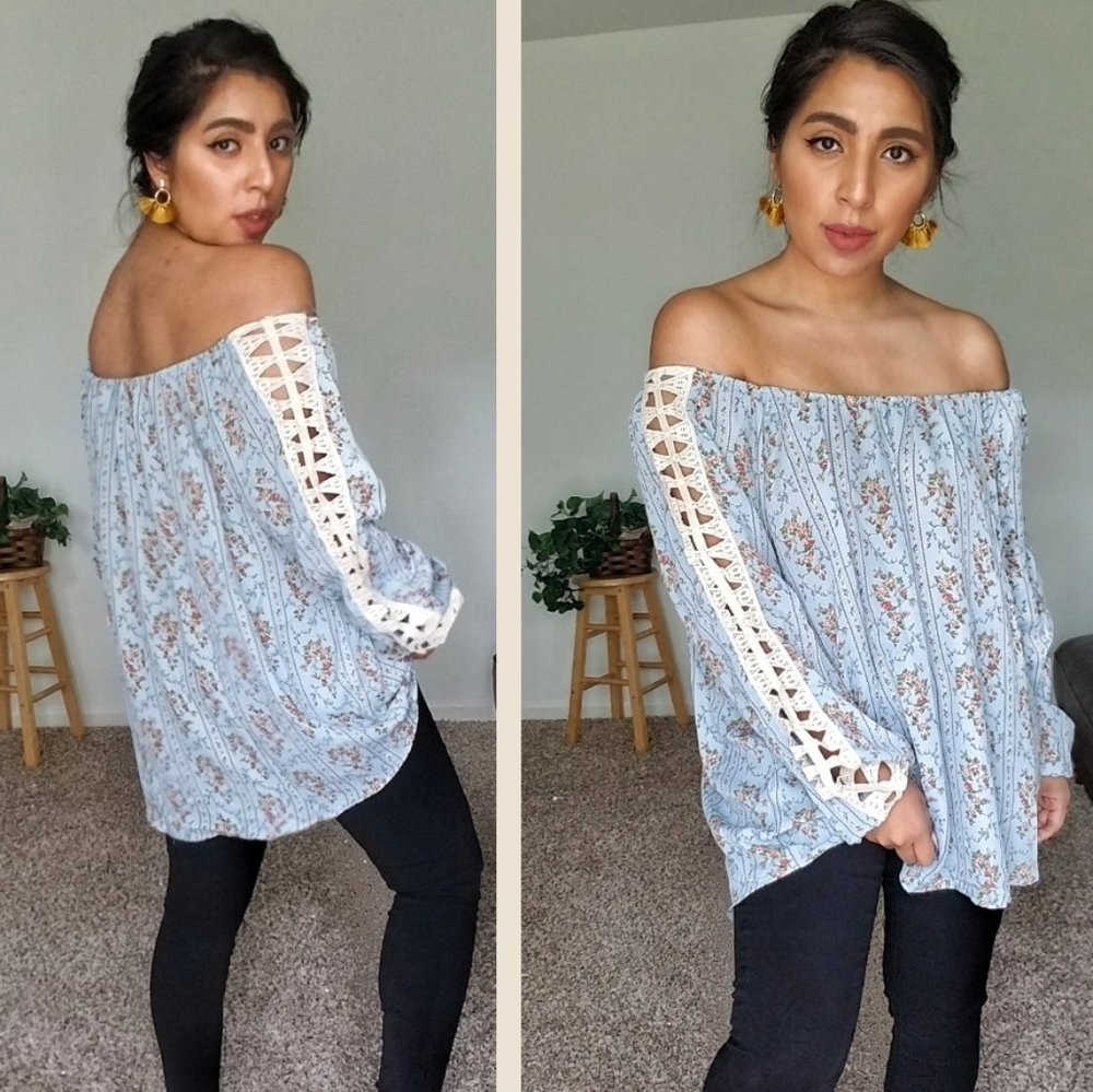 HAYDEN BLUE FLORAL PRINT OFF SHOULDER TUNIC TOP